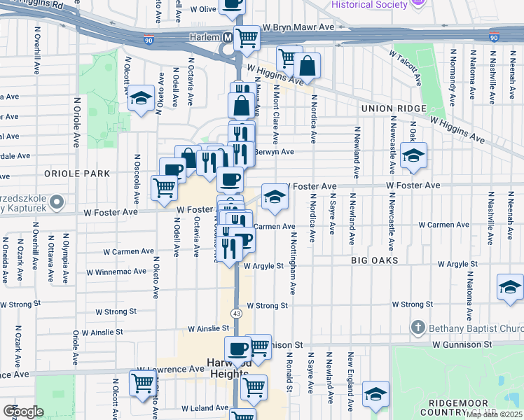 map of restaurants, bars, coffee shops, grocery stores, and more near 5127 North Neva Avenue in Chicago