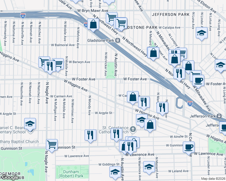 map of restaurants, bars, coffee shops, grocery stores, and more near 5118 North Austin Avenue in Chicago
