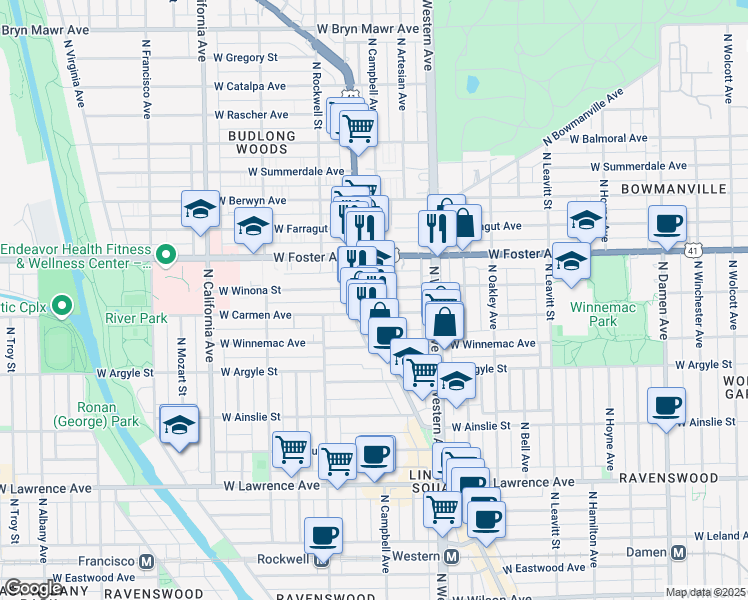 map of restaurants, bars, coffee shops, grocery stores, and more near 5111 North Lincoln Avenue in Chicago