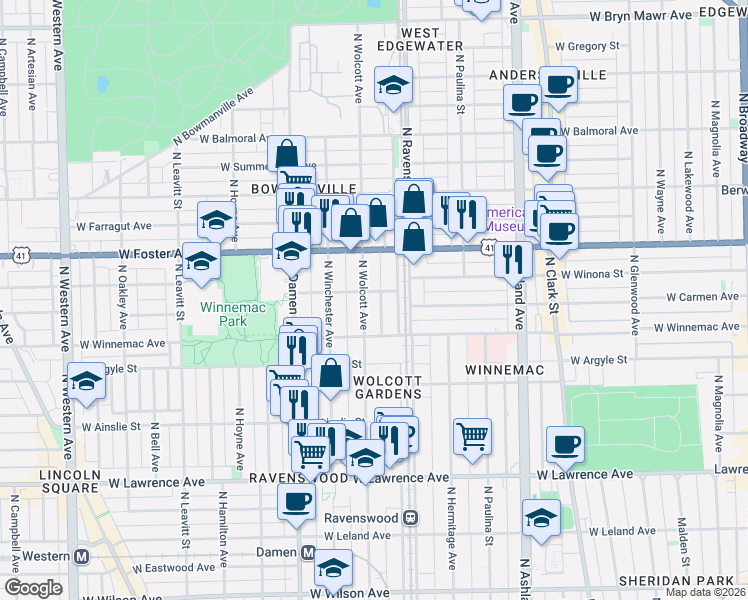 map of restaurants, bars, coffee shops, grocery stores, and more near 1901 West Winona Street in Chicago