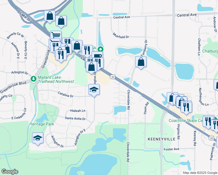 map of restaurants, bars, coffee shops, grocery stores, and more near 1000 West Lake Street in Hanover Park