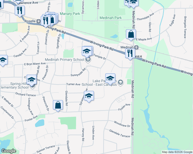 map of restaurants, bars, coffee shops, grocery stores, and more near 6N654 Harvey Road in Medinah