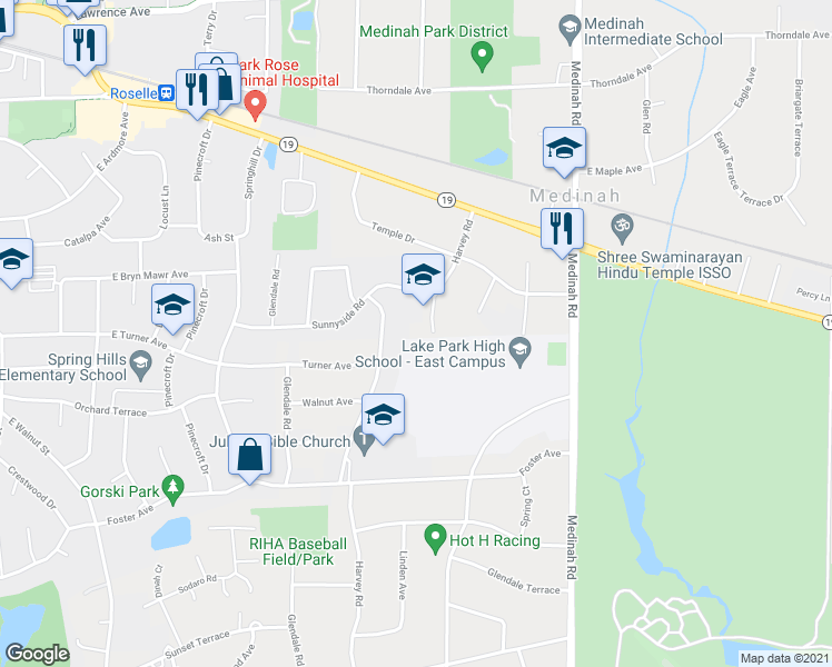 map of restaurants, bars, coffee shops, grocery stores, and more near 6N654 Harvey Road in Medinah