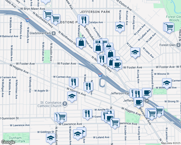 map of restaurants, bars, coffee shops, grocery stores, and more near 5118 North Major Avenue in Chicago