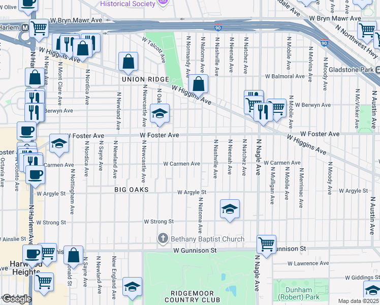map of restaurants, bars, coffee shops, grocery stores, and more near 5123 North Normandy Avenue in Chicago