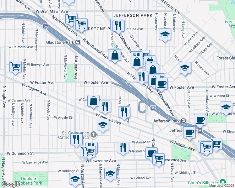 map of restaurants, bars, coffee shops, grocery stores, and more near 5118 North Mango Avenue in Chicago