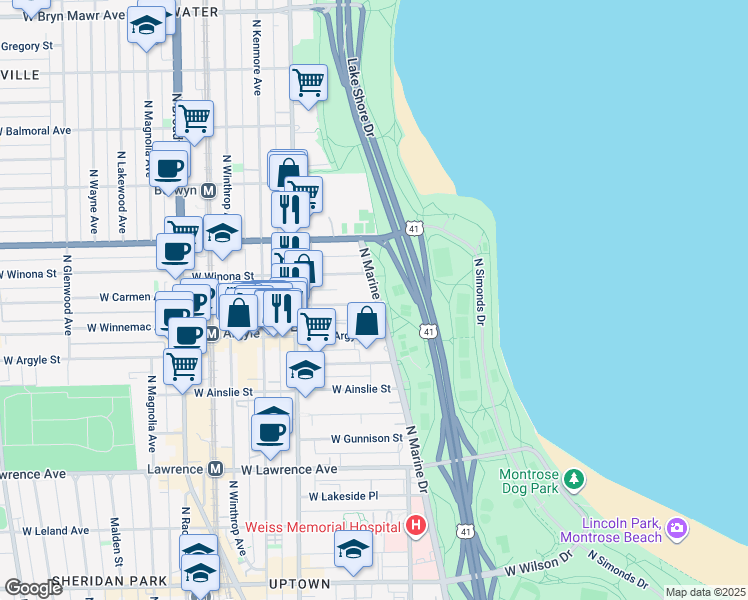 map of restaurants, bars, coffee shops, grocery stores, and more near in Chicago