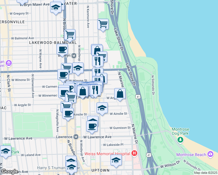 map of restaurants, bars, coffee shops, grocery stores, and more near 932 West Carmen Avenue in Chicago