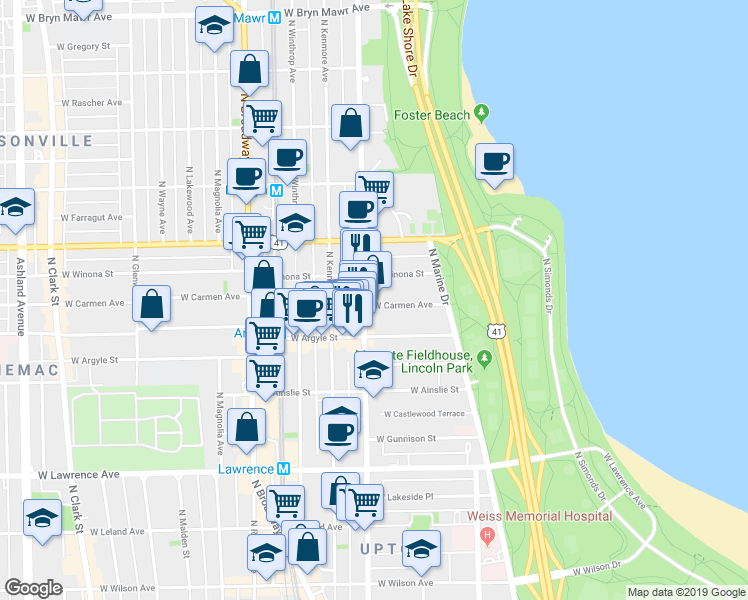 map of restaurants, bars, coffee shops, grocery stores, and more near 932 West Carmen Avenue in Chicago