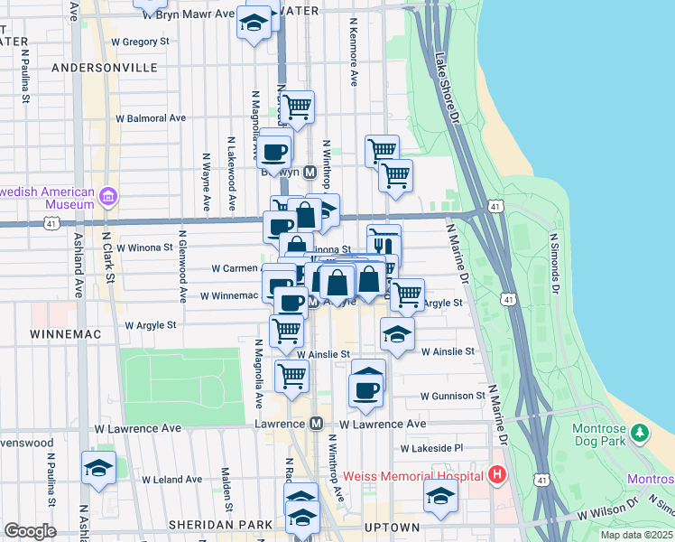 map of restaurants, bars, coffee shops, grocery stores, and more near 5048 North Kenmore Avenue in Chicago