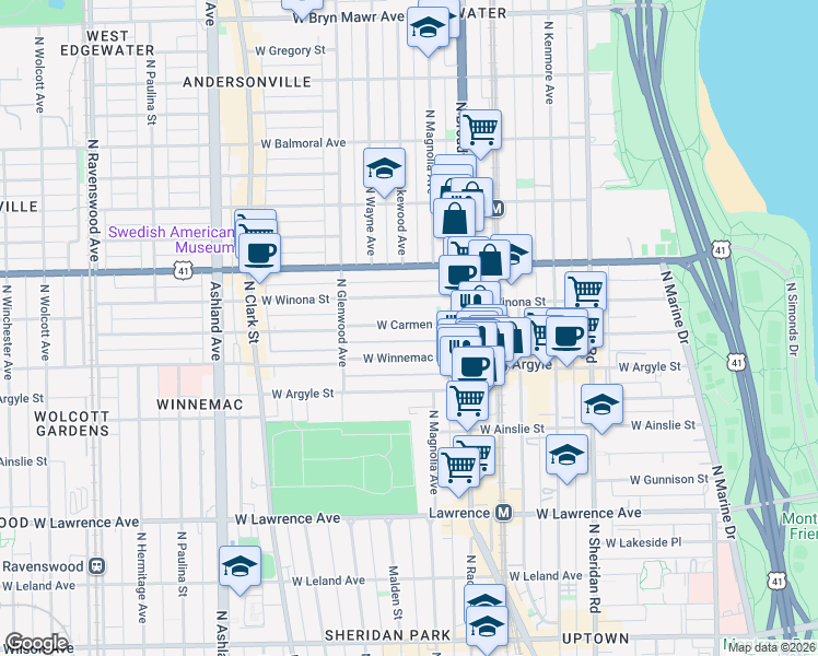 map of restaurants, bars, coffee shops, grocery stores, and more near 1241 West Carmen Avenue in Chicago