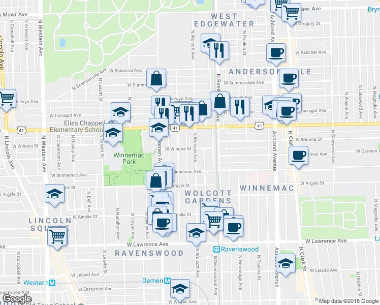 map of restaurants, bars, coffee shops, grocery stores, and more near 1901 West Winona Street in Chicago