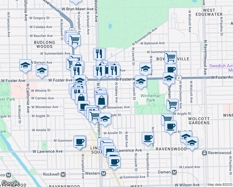 map of restaurants, bars, coffee shops, grocery stores, and more near 5114 North Oakley Avenue in Chicago