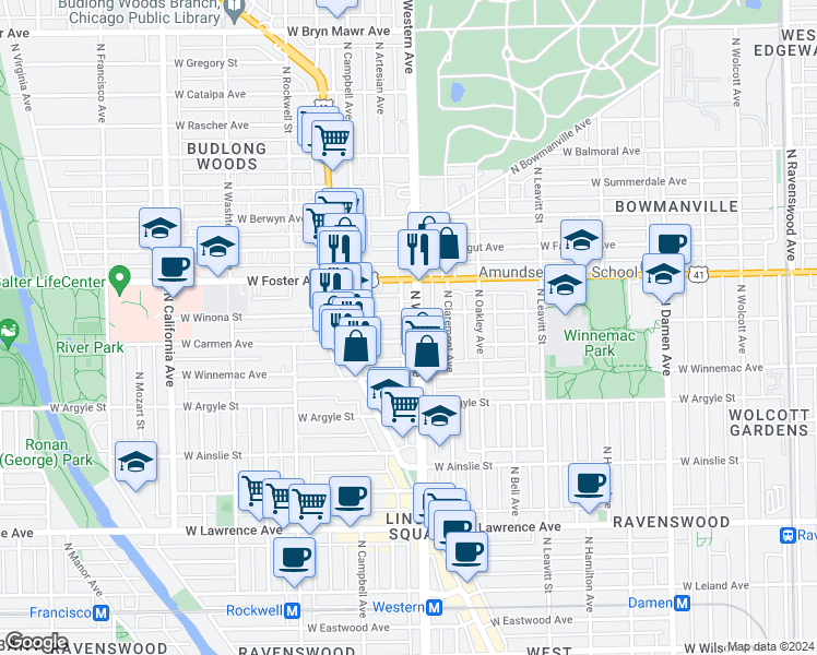 map of restaurants, bars, coffee shops, grocery stores, and more near 2421 West Winona Street in Chicago