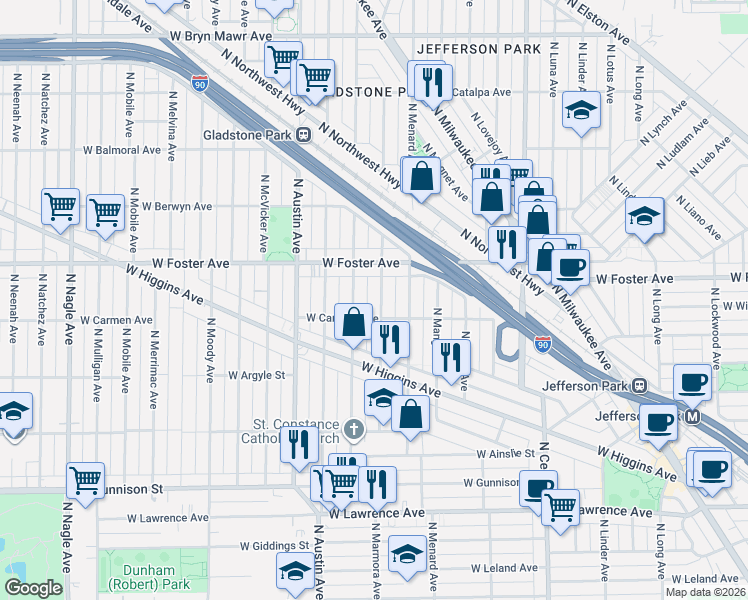map of restaurants, bars, coffee shops, grocery stores, and more near 5117 North Marmora Avenue in Chicago