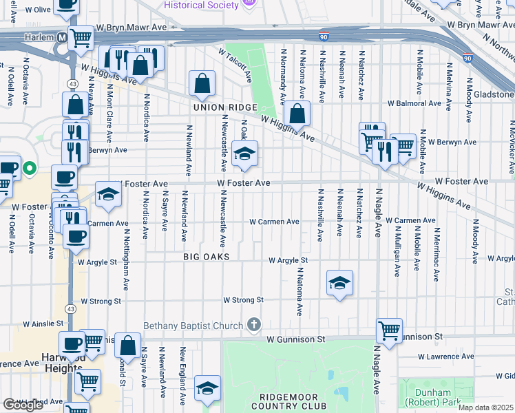 map of restaurants, bars, coffee shops, grocery stores, and more near 5123 North Rutherford Avenue in Chicago