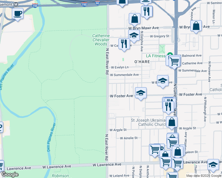 map of restaurants, bars, coffee shops, grocery stores, and more near 5223 North East River Road in Chicago