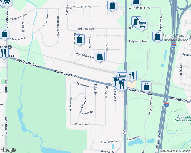 map of restaurants, bars, coffee shops, grocery stores, and more near 410 Baker Drive in Itasca