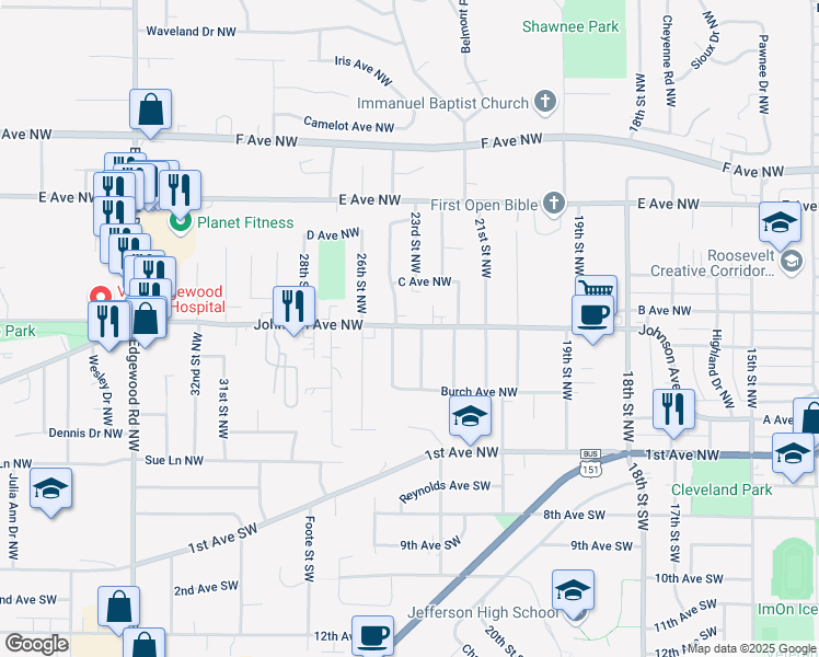 map of restaurants, bars, coffee shops, grocery stores, and more near 2301-2399 Johnson Avenue Northwest in Cedar Rapids