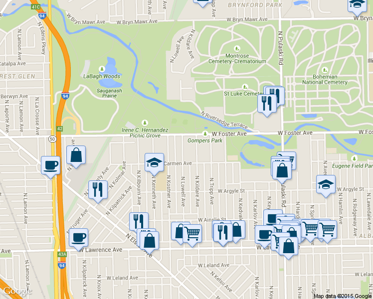 map of restaurants, bars, coffee shops, grocery stores, and more near 5129 North Lowell Avenue in Chicago
