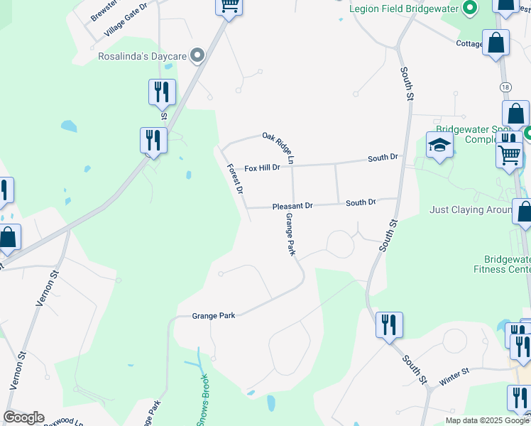 map of restaurants, bars, coffee shops, grocery stores, and more near 100 Pleasant Drive in Bridgewater