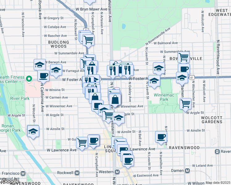 map of restaurants, bars, coffee shops, grocery stores, and more near 5107 North Western Avenue in Chicago