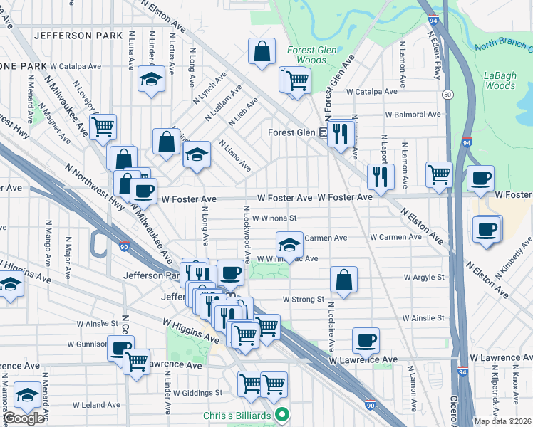 map of restaurants, bars, coffee shops, grocery stores, and more near 5230 West Winona Street in Chicago