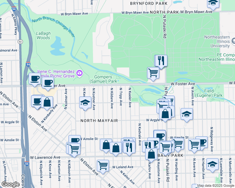 map of restaurants, bars, coffee shops, grocery stores, and more near 5128 North Tripp Avenue in Chicago