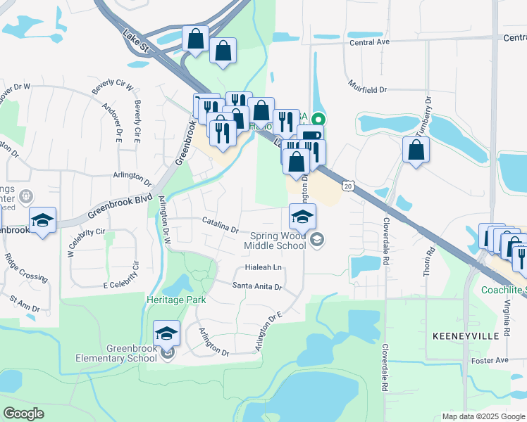 map of restaurants, bars, coffee shops, grocery stores, and more near 5584 Court H in Hanover Park