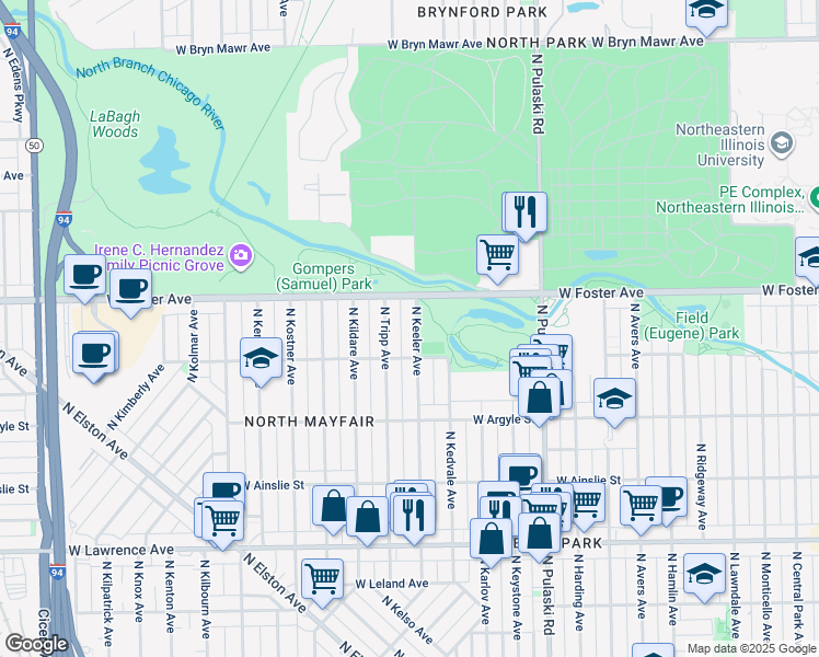 map of restaurants, bars, coffee shops, grocery stores, and more near 5128 North Keeler Avenue in Chicago