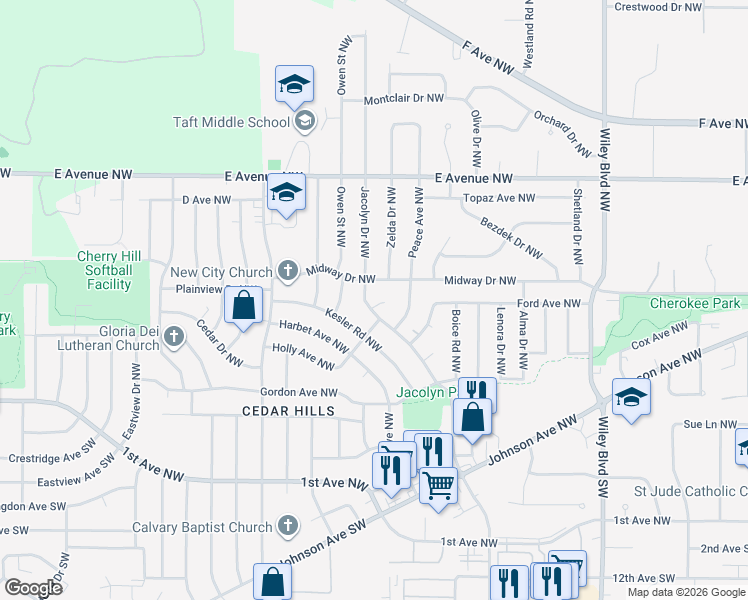 map of restaurants, bars, coffee shops, grocery stores, and more near 293 Jacolyn Drive Northwest in Cedar Rapids