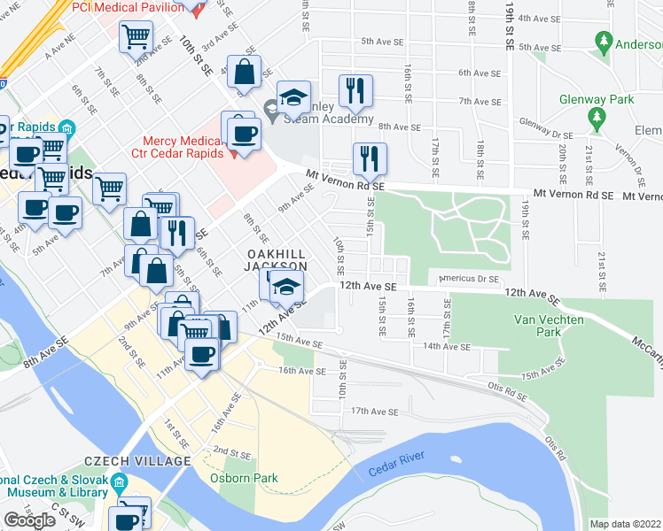 map of restaurants, bars, coffee shops, grocery stores, and more near 1120 9th Street Southeast in Cedar Rapids