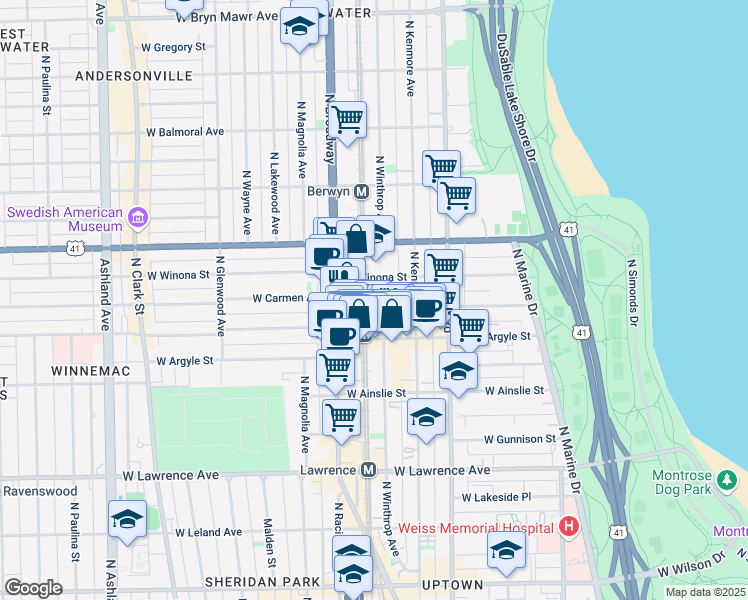 map of restaurants, bars, coffee shops, grocery stores, and more near 5042 North Winthrop Avenue in Chicago