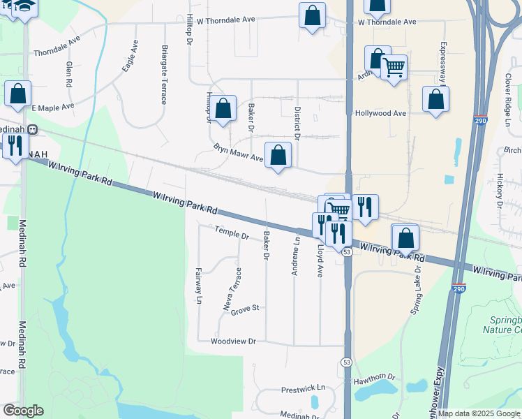 map of restaurants, bars, coffee shops, grocery stores, and more near 410 Baker Drive in Itasca