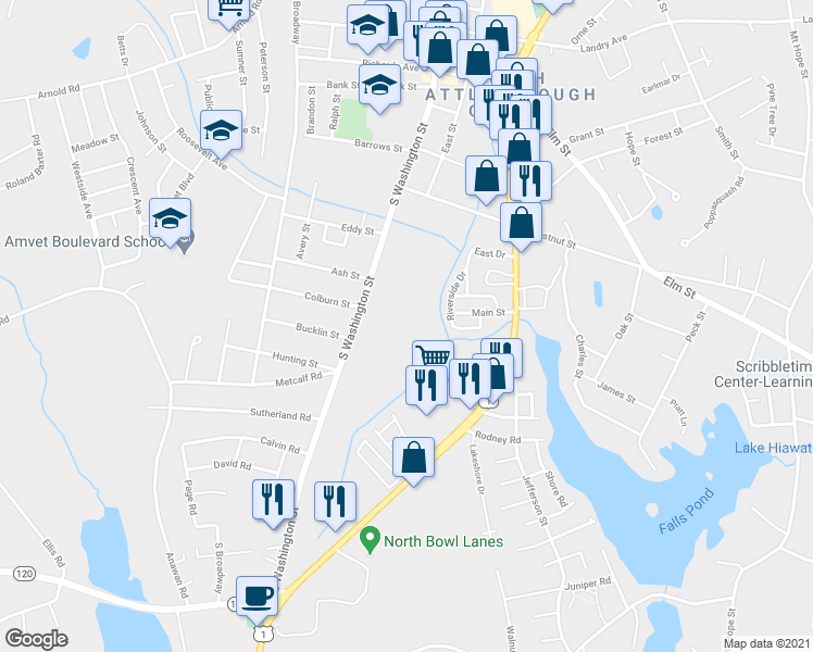 map of restaurants, bars, coffee shops, grocery stores, and more near 224 South Washington Street in North Attleborough