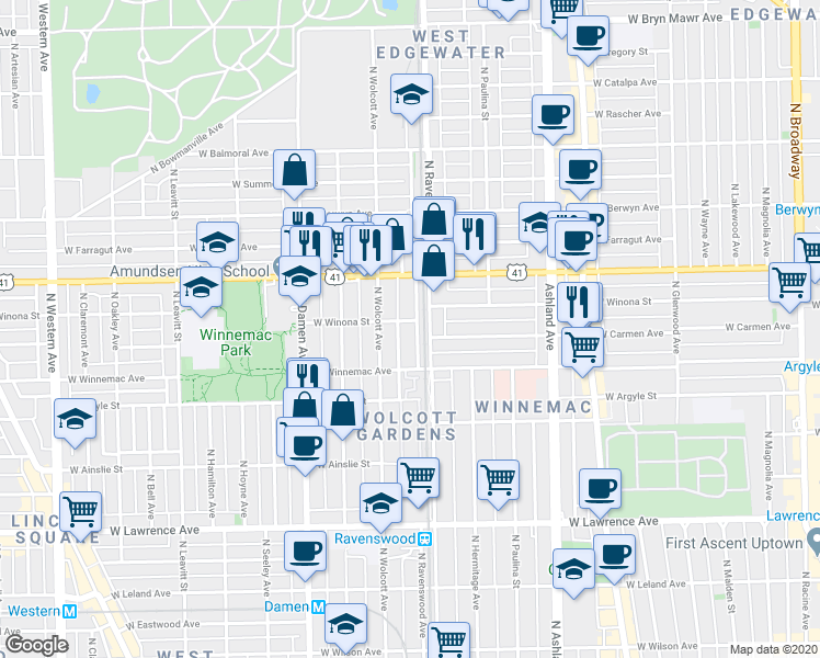 map of restaurants, bars, coffee shops, grocery stores, and more near 5070 North Ravenswood Avenue in Chicago