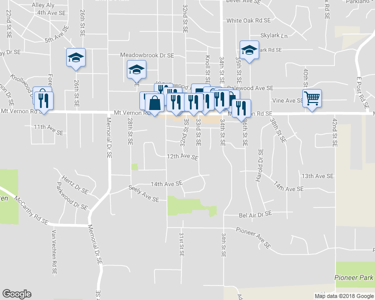 map of restaurants, bars, coffee shops, grocery stores, and more near 1116 32nd Street Southeast in Cedar Rapids