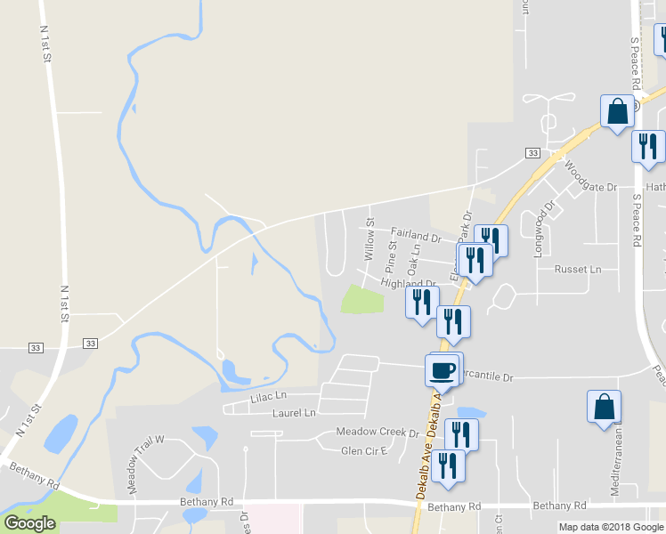 map of restaurants, bars, coffee shops, grocery stores, and more near 1560 West Stonehenge Drive in Sycamore