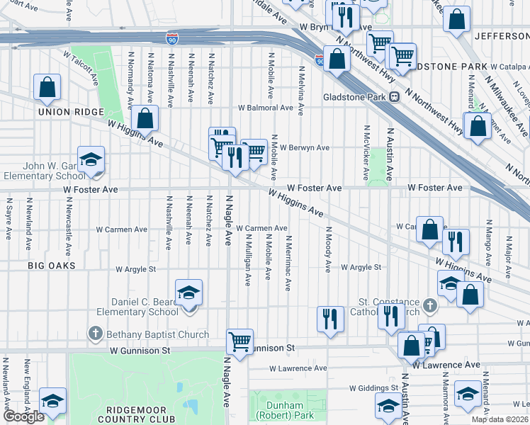 map of restaurants, bars, coffee shops, grocery stores, and more near 5122 North Mobile Avenue in Chicago