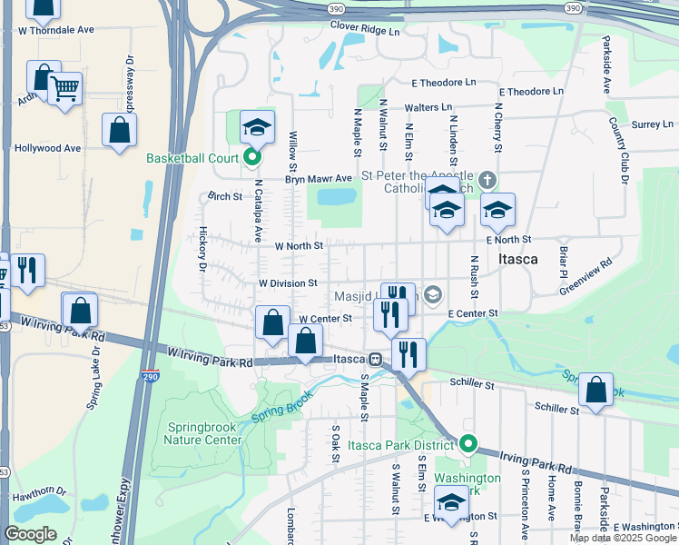 map of restaurants, bars, coffee shops, grocery stores, and more near 223 West Division Street in Itasca
