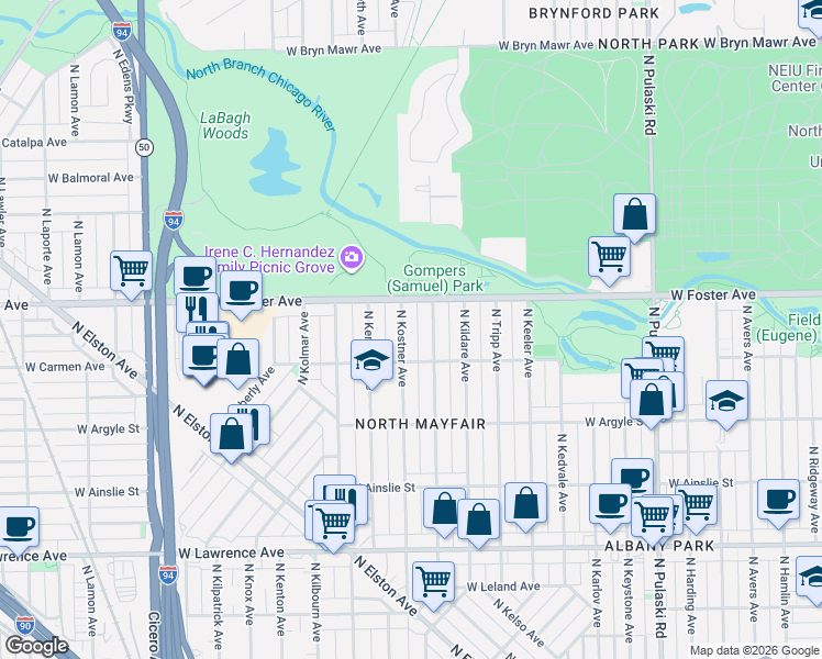 map of restaurants, bars, coffee shops, grocery stores, and more near 5133 North Kostner Avenue in Chicago