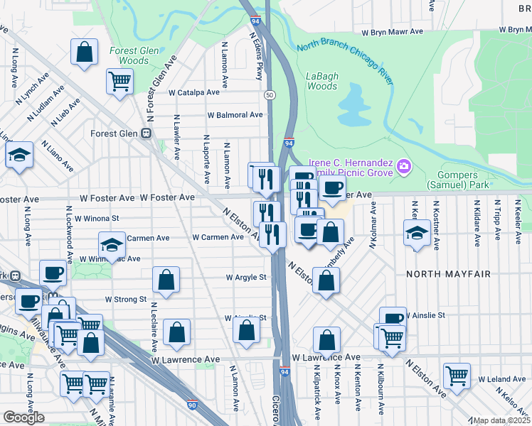 map of restaurants, bars, coffee shops, grocery stores, and more near 5130 North Cicero Avenue in Chicago