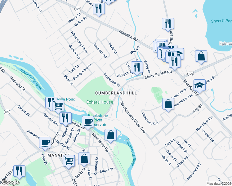 map of restaurants, bars, coffee shops, grocery stores, and more near in Cumberland