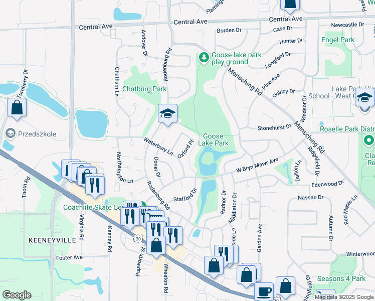 map of restaurants, bars, coffee shops, grocery stores, and more near 445 Oxford Place in Roselle