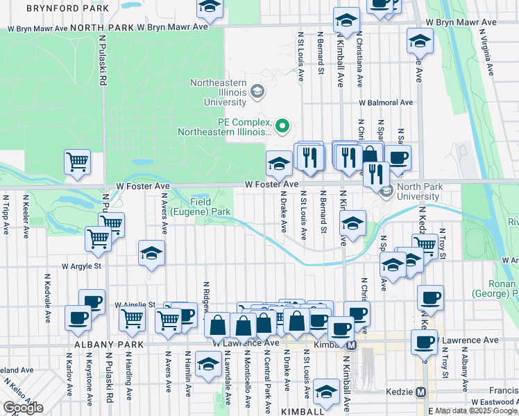 map of restaurants, bars, coffee shops, grocery stores, and more near 5122 North Central Park Avenue in Chicago