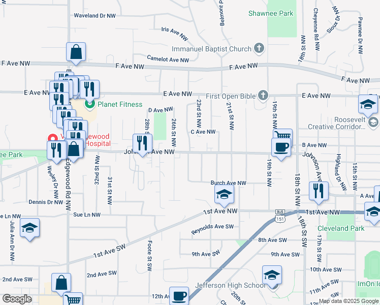 map of restaurants, bars, coffee shops, grocery stores, and more near 2399 Johnson Avenue Northwest in Cedar Rapids