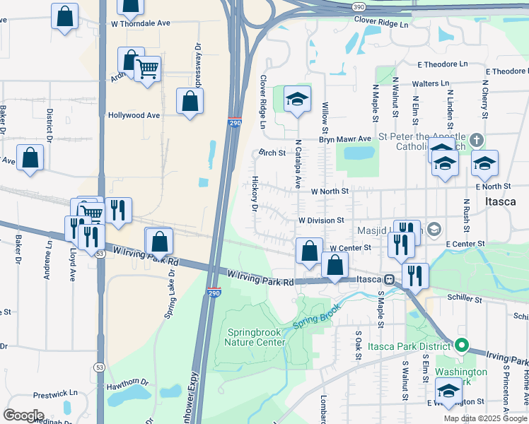 map of restaurants, bars, coffee shops, grocery stores, and more near 540 West Division Street in Itasca