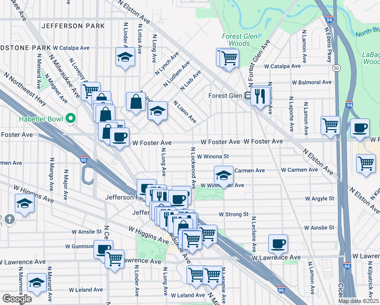 map of restaurants, bars, coffee shops, grocery stores, and more near 5302 West Winona Street in Chicago