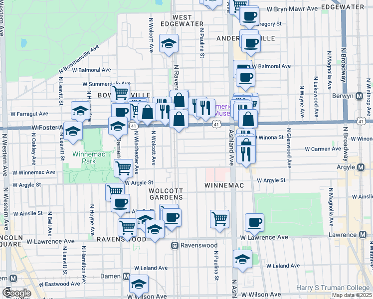 map of restaurants, bars, coffee shops, grocery stores, and more near 1738 West Carmen Avenue in Chicago