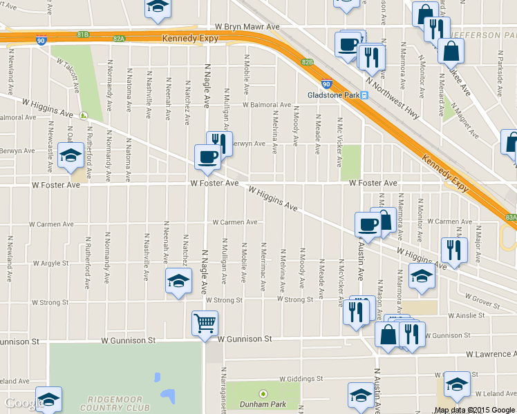 map of restaurants, bars, coffee shops, grocery stores, and more near 5122 North Merrimac Avenue in Chicago